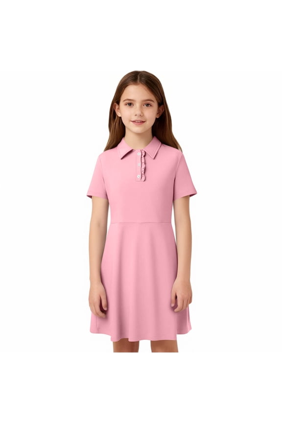 Girls Casual Dresses, Summer Collared Mid-length Short Sleeve School Uniform Dresses Pink Size 14-16