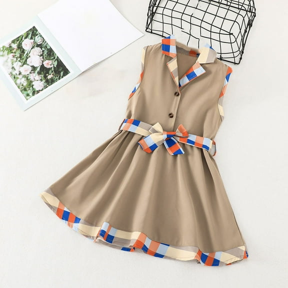 Wavsuf Girls Casual Dresses Summer Sleeveless Patchwork Turndown A-Line Khaki Dresses Size 4Y