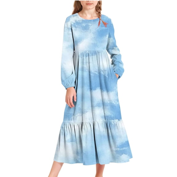 Cethrio Girls Casual Dresses, Tie Dye Crew Neck Party Long Sleeve Maxi Dresses with Pockets Light Blue Size 14-16