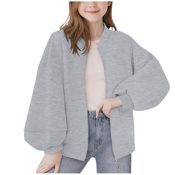 Cethrio Girls Casual Jackets, Crewneck Loose Fit Zip up Long Sleeve Fall Outerwear Gray Size 10-12T