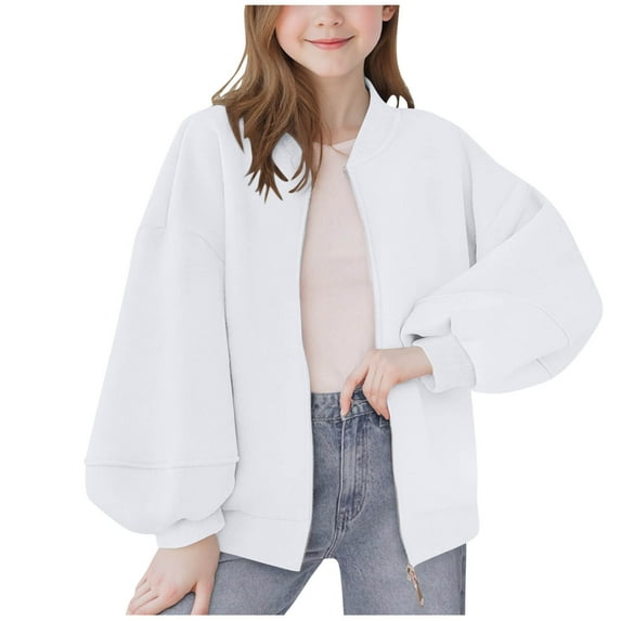 Cethrio Girls Casual Jackets, Long Sleeve Loose Fit Crewneck Zip up Fall Outerwear White Size 8