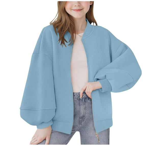 Cethrio Girls Casual Jackets, Loose Fit Crewneck Long Sleeve Zip up Fall Outerwear Light Blue Size 12