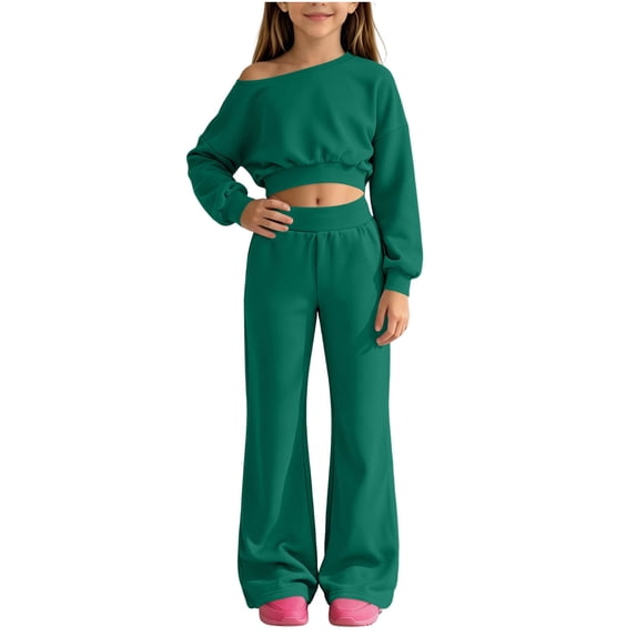 Cethrio Girls Casual Outfit Sets, Long Sleeve 2 Piece Daily Spring Fall Kids Clothing Sets Size 13-14 Years Army Green