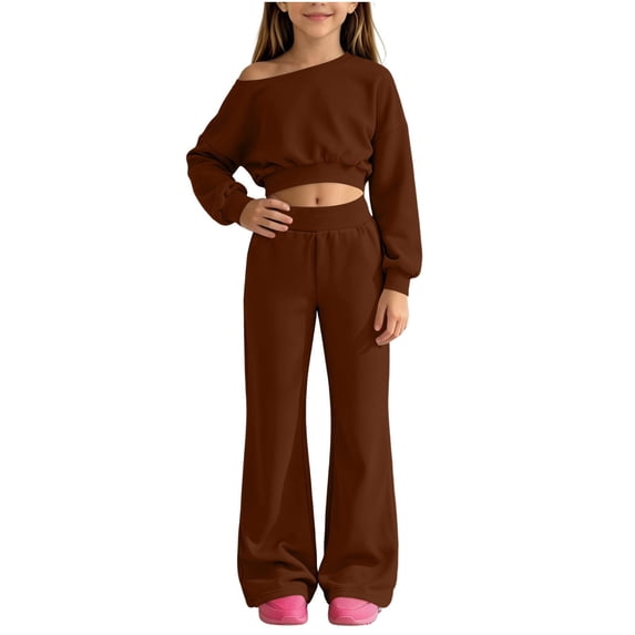 Cethrio Girls Casual Outfit Sets, Spring Fall 2 Piece Daily Long Sleeve Kids Clothing Sets Size 13-14 Years Brown