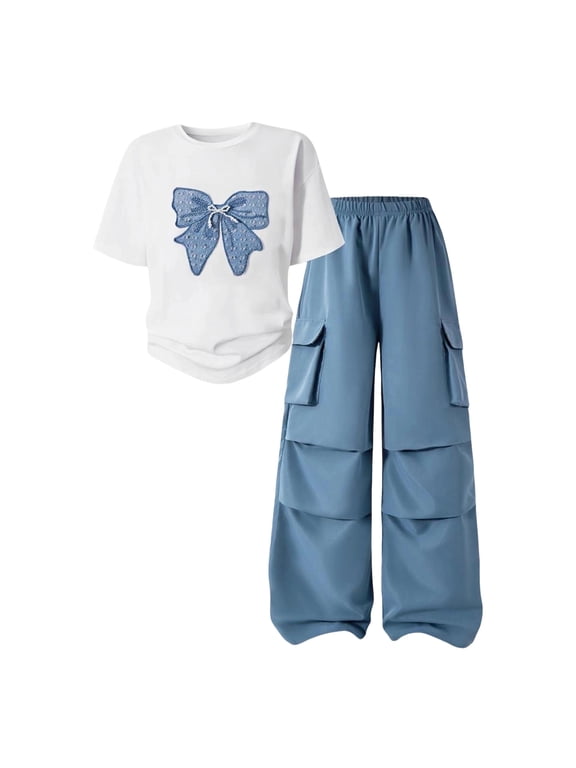 Girls Casual Outfit Sets, Summer Short Sleeve 2 Piece T-shirts and Pants Sets Blue Size 15-16 T