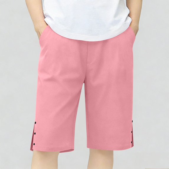Cethrio Girls Casual Shorts, Relaxed Fit Elastic Waist Knee Length Cotton Summer Shorts with Pockets Pink Size 12-13 T