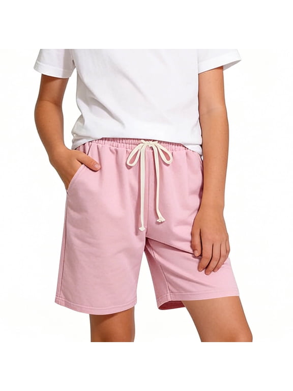 Girls Casual Shorts Size 14-16, Elastic Waist Knee Length Knitting Cotton Summer Kids Shorts Pink Size 14-16
