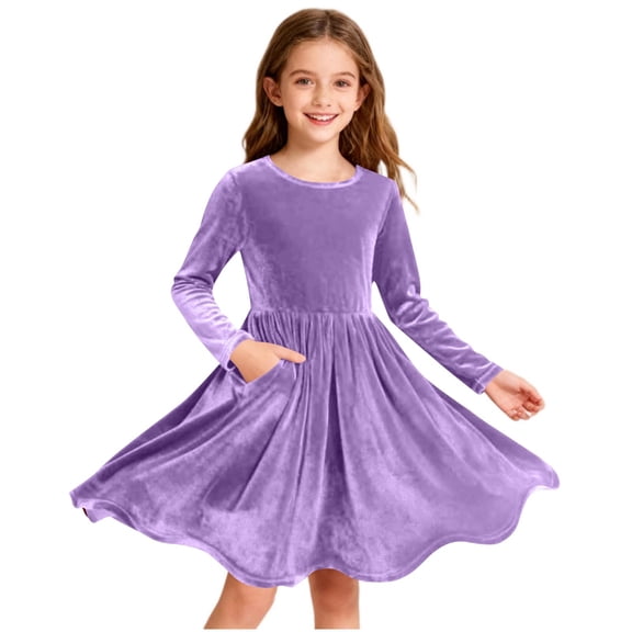 Cethrio Girls Christmas Dresses, A-Line Long Sleeve Dancing Princess Party Dresses Purple Size 7-8