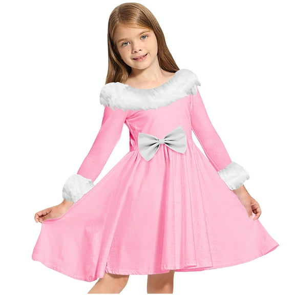 Cethrio Girls Christmas Dresses, A-Line Party Dancing Long Sleeve Princess Dresses Pink Size 10-12