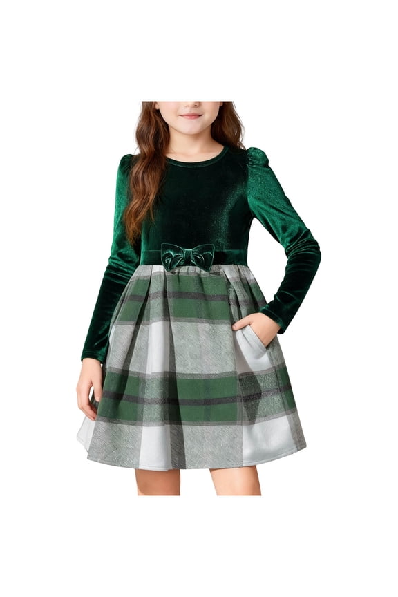 Girls Christmas Dresses, Crew Neck Princess Long Sleeve Casual Party Dresses for Girl Green Size 6