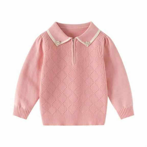 Cethrio Girls Collared Sweaters, Knitting Cotton Casual Pullover Stretchy Kids Sweaters Pink Size 6