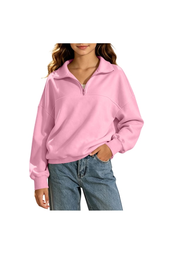 Girls Collared Sweatshirts Size 14-16, Long Sleeve Casual Half-zip Crew Neck Fall Tops Pink