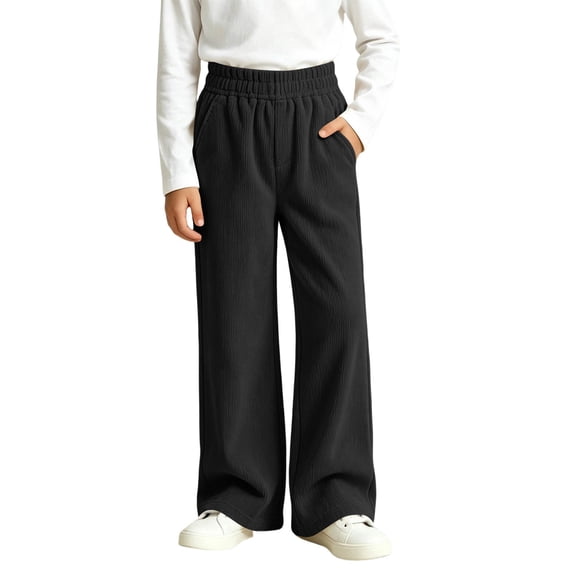 Cethrio Girls Corduroy Pants, Casual Elastic Waist Side Pockets Relaxed Fit Straight-leg Pants Black Size 13-14 T