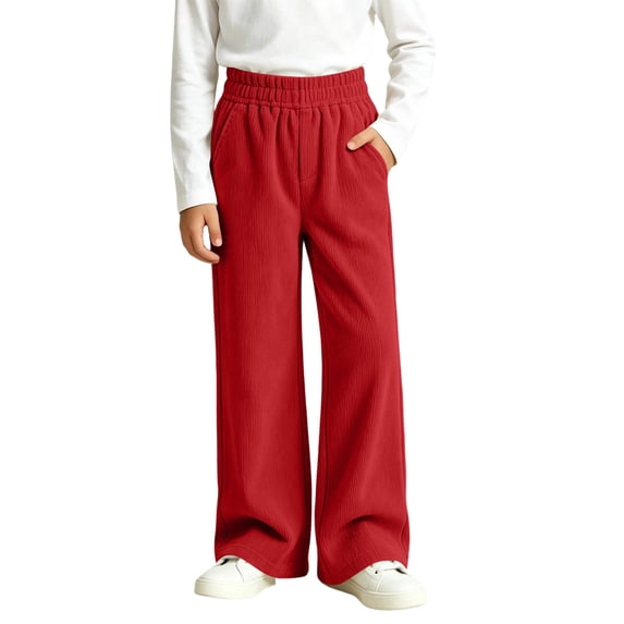 Cethrio Girls Corduroy Pants, Elastic Waist Side Pockets Relaxed Fit Casual Straight-leg Pants Red Size 9-10 T