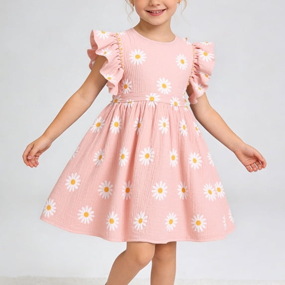 Cethrio Girls Cotton Dresses, Casual Princess Mid-length Flutter Sleeve Summer Dresses Pink Size 6-7T