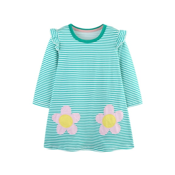 Cethrio Girls Cotton Dresses, Crewneck Casual Printed Long Sleeve Midi Dresses Green Size 7 T