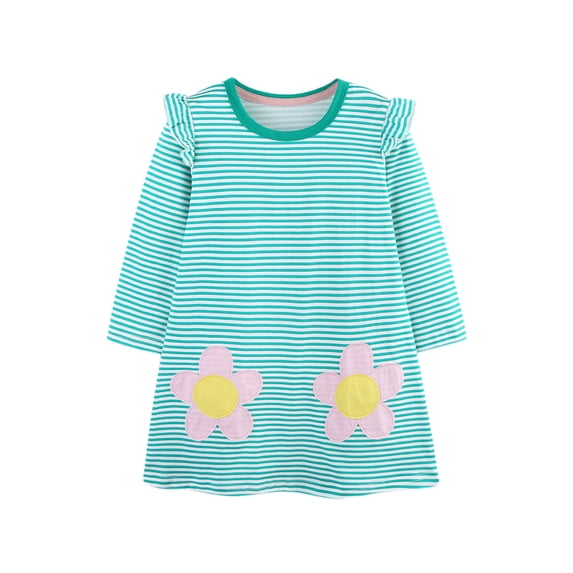 Cethrio Girls Cotton Dresses, Crewneck Casual Printed Long Sleeve Midi Dresses Green Size 7 T