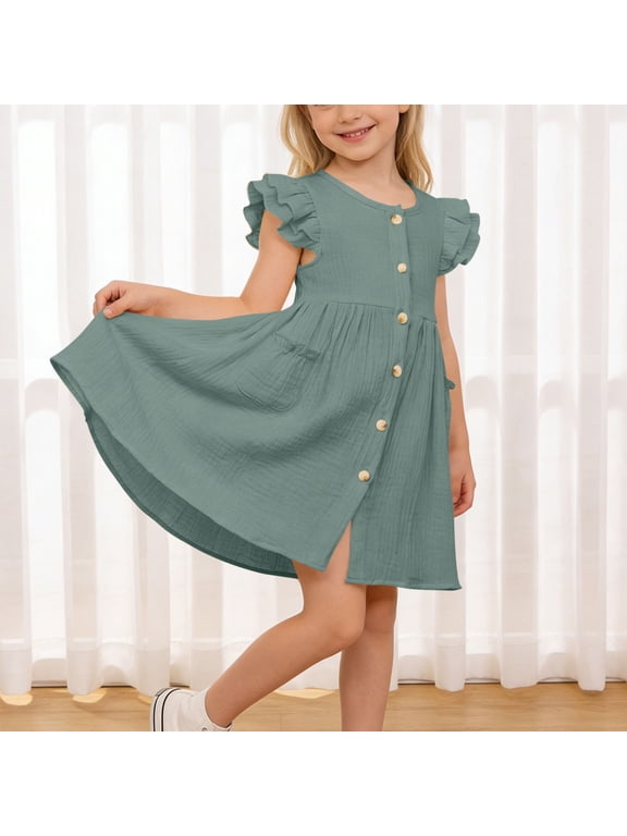 Girls Cotton Dresses, Dancing Flutter Sleeve Mid-length Casual Summer Dresses Green Size 7-8T
