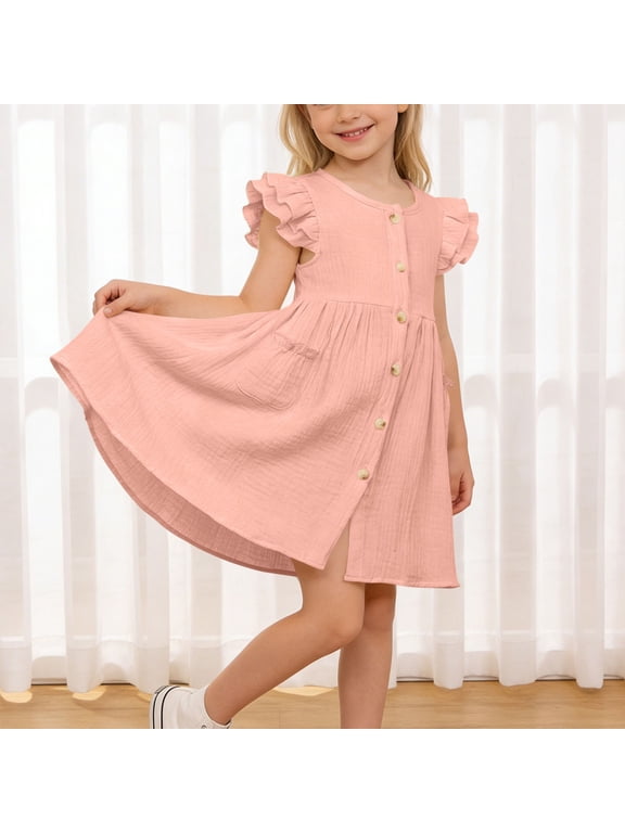 Girls Cotton Dresses, Flutter Sleeve Dancing Casual Mid-length Summer Dresses Pink Size 6-7T
