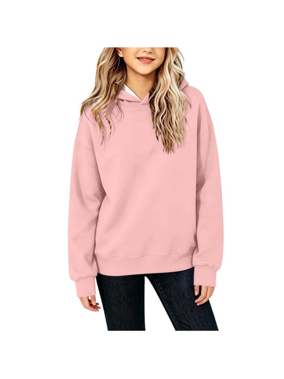 Girls Cotton Hoodies Size 10-12, Long Sleeve Pullover School Casual Kids Sweatshirts Pink
