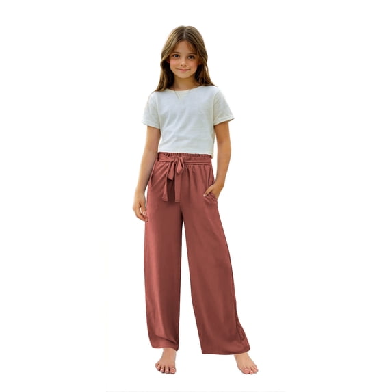 Cethrio Girls Cotton Linen Pants, Elastic Waist Casual Loose Straight Leg Summer Pants Pink Size 8
