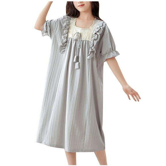 Cethrio Girls Cotton Nightgowns, Short Sleeve Comfy Summer Ruffled Sleep Dresses Gray Size 5T