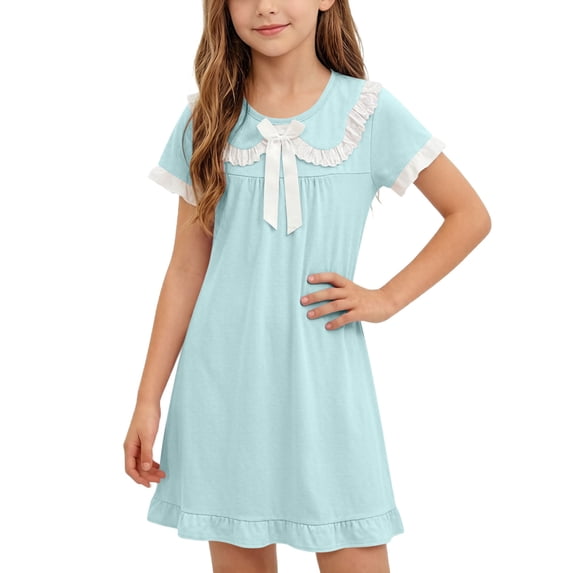 Cethrio Girls Cotton Nightgowns, Summer Short Sleeve Casual Soft Girls Sleep Dresses Green Size 6