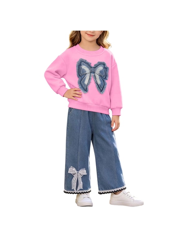 Girls Cotton Outfit Sets, 2 Piece Casual Long Sleeve Fall Girls' Clothing Sets Hot Pink Size 5-6 T
