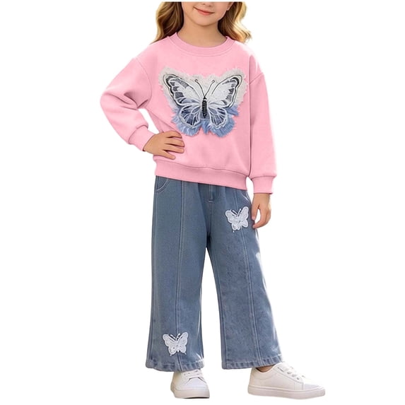 Cethrio Girls Cotton Outfit Sets, 2 Piece Printed Long Sleeve Casual Girls' Clothing Sets Pink Size 5-6 T