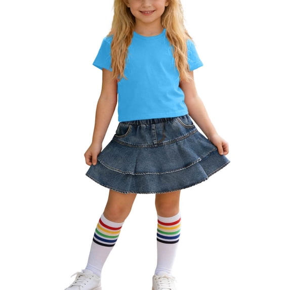 Cethrio Girls Cotton Outfit Sets, 3 Piece Short Sleeve Summer T-shirts Skirts and Socks Set Blue Size 5T
