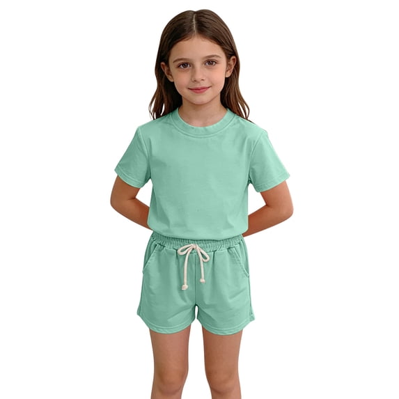 Cethrio Girls Cotton Outfit Sets, Casual Short Sleeve Summer Crewneck Girls' 2 Piece Sets Mint Green Size 3-4 T