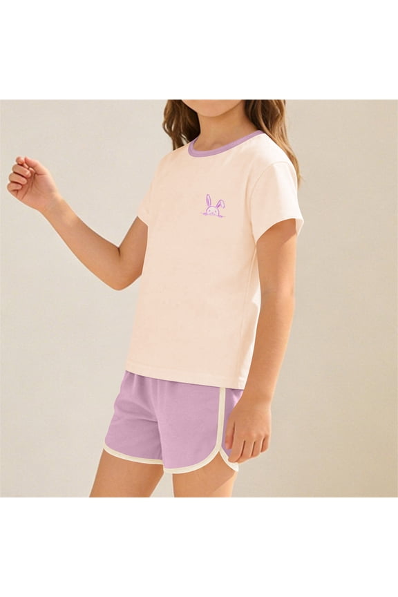 Girls Cotton Outfit Sets, Printed Summer Short Sleeve 2 Piece Kids Clothing sets Purple Size 4-5 T