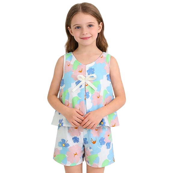Cethrio Girls Cotton Outfit Sets, Printed Summer Sleeveless 2 Piece Girls' Clothing Sets Sky Blue Size 7-8