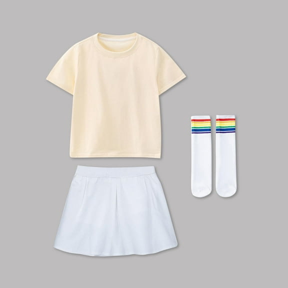Cethrio Girls Cotton Outfit Sets, Short Sleeve 3 Piece Summer T-shirts Skirts and Socks Sets Beige Size 10-12