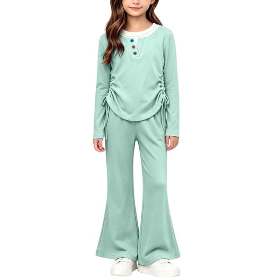 Cethrio Girls Cotton Outfit Sets, Spring Fall Long Sleeve 2 Piece Outdoor Girls' Clothing Sets Mint Green Size 2-3 T