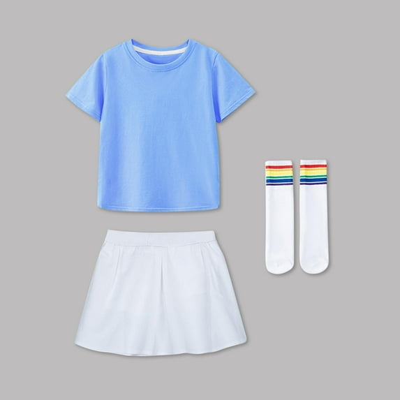 Cethrio Girls Cotton Outfit Sets, Summer 3 Piece Short Sleeve T-shirts Skirts and Socks Sets Light Blue Size 7-8