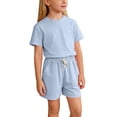 thumbnail image 1 of Cethrio Girls Cotton Outfit Sets, Summer Crewneck Casual Short Sleeve Girls' 2 Piece Sets Sky Blue Size 6-7 T, 1 of 5