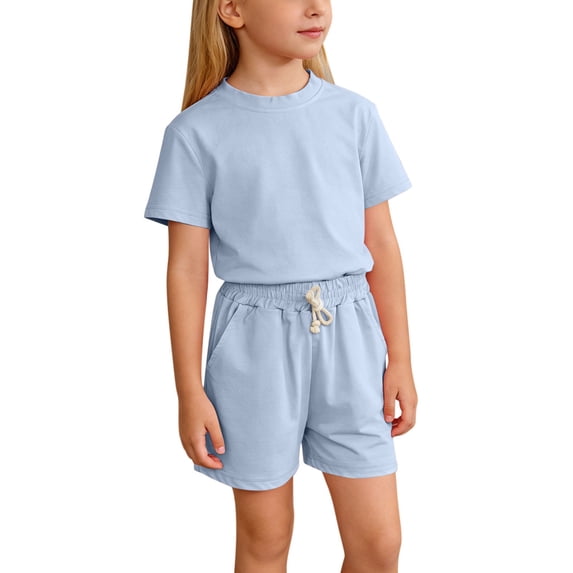Cethrio Girls Cotton Outfit Sets, Summer Crewneck Casual Short Sleeve Girls' 2 Piece Sets Sky Blue Size 6-7 T