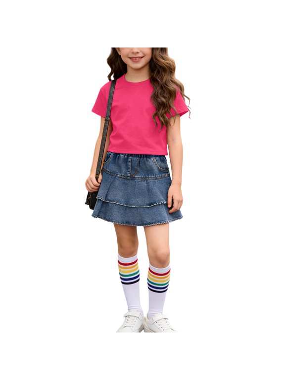 Girls Cotton Outfit Sets, Summer Short Sleeve 3 Piece T-shirts Skirts and Socks Set Hot Pink Size 7-8