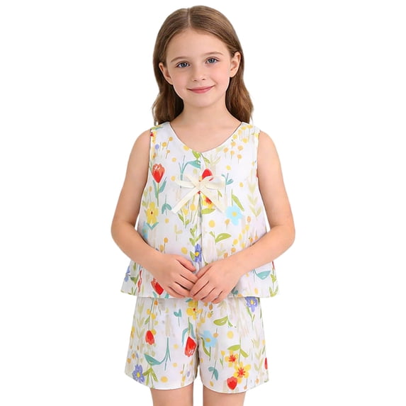 Cethrio Girls Cotton Outfit Sets, Summer Sleeveless 2 Piece Printed Girls' Clothing Sets White Size 10
