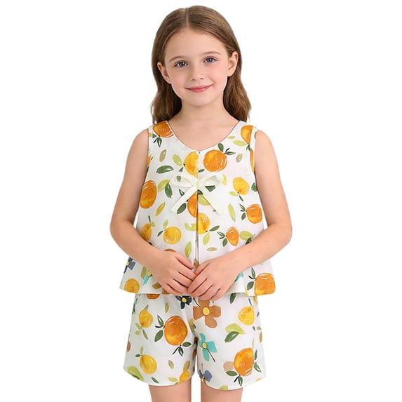 Cethrio Girls Cotton Outfit Sets, Summer Sleeveless 2 Piece Printed Girls' Clothing Sets Yellow Size 7-8