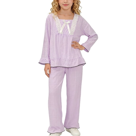 Cethrio Girls Cotton Pajama Sets, Casual 2 Piece Soft Long Sleeve Kids' Summer Sleepwear Purple Size 6