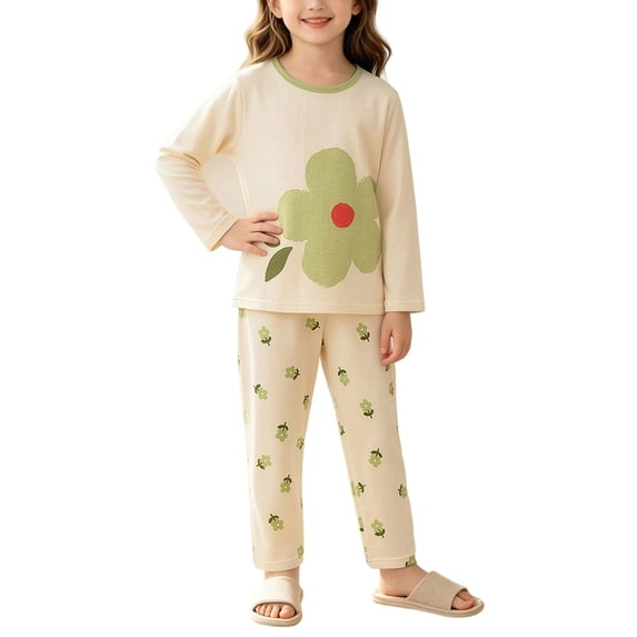 Cethrio Girls Cotton Pajama Sets, Crew Neck Fall 2 Piece Long Sleeve Girls' Sleepwear Green Size 2-3 T