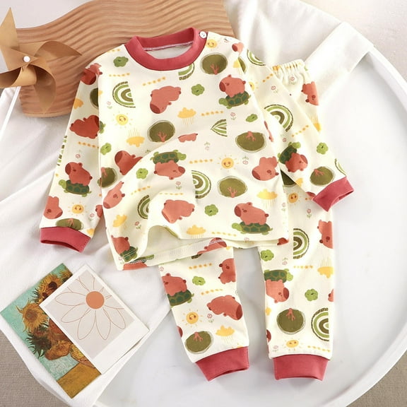 Cethrio Girls Cotton Pajama Sets, Graphic 2 PC Long Sleeve Crewneck Girls' Sleepwear Red Size 2-3 T