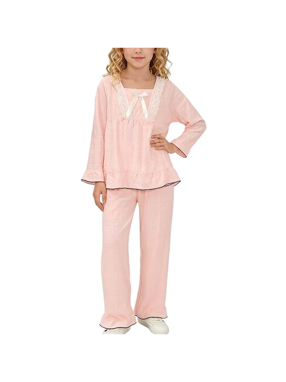 Girls Cotton Pajama Sets Size 10-12, 2 Piece Soft Casual Long Sleeve Kids' Summer Sleepwear Pink Size 10-12