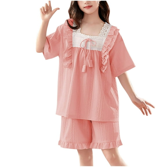 Cethrio Girls Cotton Pajama Sets, Summer Soft Ruffled Short Sleeve Girls' Sleepwear Sets Hot Pink Size 4-17T