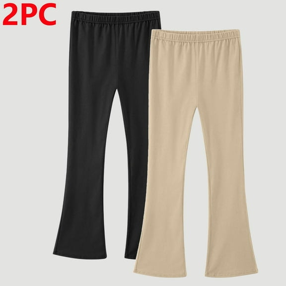 Cethrio Girls Cotton Pants, Elastic Waist 2 Piece Stretchy School Flare Pants Beige Size 6