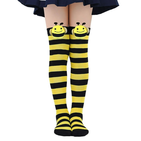 Cethrio Girls Cotton Socks, Stripe Dancing Knee High Stretch School Uniform Socks Yellow Size 7-12T
