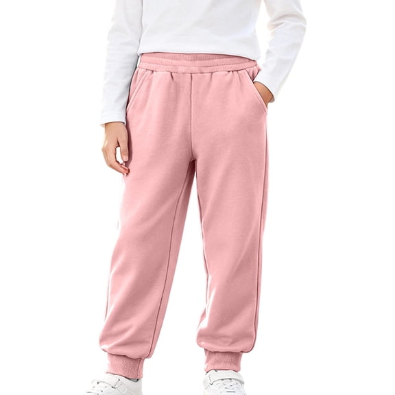 Cethrio Girls Cotton Sweatpants Size 10-12, Running Casual Elastic Waist Elastic Bottom Athletic Joggers with Pockets Pink
