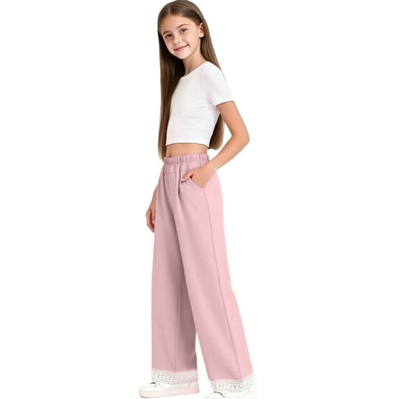 Cethrio Girls Cotton Sweatpants Size 6, Casual Elastic Waist Open Bottom Fashion Wide Leg Pants Pink